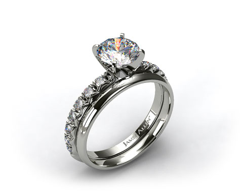 18k White Gold 0.32ct French Cut Pave Engagement Ring & 2mm Wedding Band